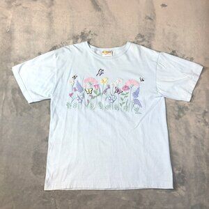 VTG Morning Sun PuffPrint Floral Butterfly T-Shirt Blue Large Cottagecore USA